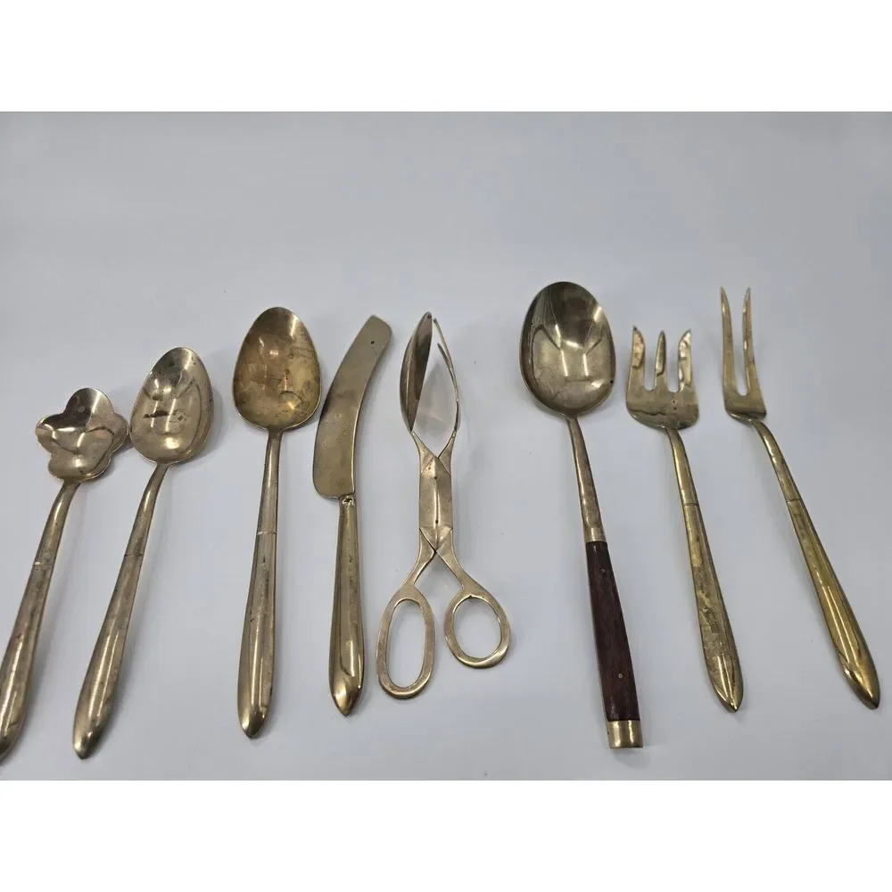 8 Pc Vintage  Piece Flatware Serving‎ Set THAILAND Bronze & Wood